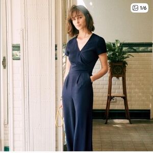 Sezane Magdalena jumpsuit size 4/36 France size 4 wide leg blue pre owned v neck